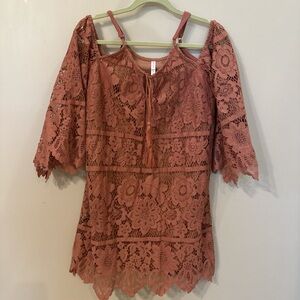 Chic Lace Cold Shoulder Blouse - Terracotta
